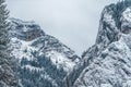 Majestic mountains in winter with white snowy spruces. Wonderful wintry landscape. Amazing view on snowcovered rock mountains. Royalty Free Stock Photo