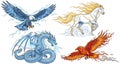 Majestic mythical creatures featuring eagle, dragon, phoenix, and Pegasus with lightning and fire effects Royalty Free Stock Photo