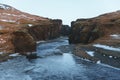 majestic natural view of beautiful cold river, rocks and snow