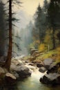 Majestic Nature: A Serene Stream Amidst the Voluminous Haze of a