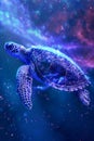 Majestic Neon Sea Turtle Swimming in Cosmic Deep Blue Ocean Under Starry Sky Surreal Marine Life Illustration Royalty Free Stock Photo