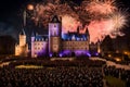 A majestic New Year\'s fireworks display above a historical castle, as attendees in formal attire gather in the courtyard