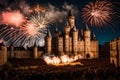 A majestic New Year\'s fireworks display above a historical castle, as attendees in formal attire gather in the courtyard