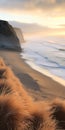 Majestic New Zealand Landscape: Sand Dune, Beach Grass, And Foggy Shoreline