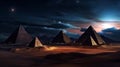 Majestic night scene with Pyramid huge Moon in starry dark blue sky. The Pyramids by night in Egypt Royalty Free Stock Photo