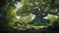 A majestic oak tree with its sprawling branches in a lush forest setting