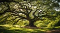 A majestic oak tree with its sprawling branches in a lush forest setting