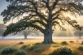 A Majestic Oak Tree Standing Alone in a Misty Meadow at Dawn, Sunlight Piercing Through the Dense Fog Royalty Free Stock Photo