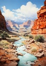 Desert canyons embracing a serene river in captivating illustration. Generative Ai