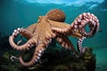 majestic octopus kraken in the depths of the ocean, with schools of fish swimming past Royalty Free Stock Photo