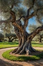 Majestic Olive Tree with Gnarled Trunk and Verdant Leaves on a Sunny Day in Countryside Royalty Free Stock Photo