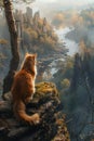 Majestic Orange Cat Contemplating Scenic River View from Rocky Cliff at Sunrise with Misty Forest Background Royalty Free Stock Photo
