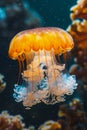 Majestic Orange Jellyfish Floating Gracefully in the Dark Blue Ocean Depths with Illuminating Tentacles Royalty Free Stock Photo