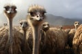 Majestic ostriches in misty farm setting, under soft cloud cover