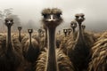 Majestic ostriches in misty farm setting, under soft cloud cover