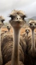 Majestic ostriches in misty farm setting, under soft cloud cover