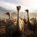 Majestic ostriches in misty farm setting, under soft cloud cover