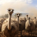 Majestic ostriches in misty farm setting, under soft cloud cover