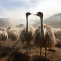 Majestic ostriches in misty farm setting, under soft cloud cover