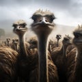 Majestic ostriches in misty farm setting, under soft cloud cover
