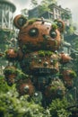 Majestic Overgrown Robot Sculpture in Lush Green Forest Environment with Futuristic Fantasy Elements