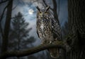 A majestic owl, likely a Eurasian Eagle-Owl (*Bubo bubo*), perches on a tree branch in a forest Royalty Free Stock Photo