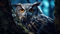 Majestic owl perched on branch, staring with piercing animal eye generated by AI Royalty Free Stock Photo