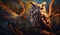 Majestic owl perched on branch, staring with wisdom and focus generated by AI Royalty Free Stock Photo