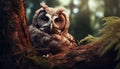 Majestic owl perched on branch, staring with wisdom and mystery generated by AI Royalty Free Stock Photo