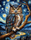 A majestic owl perched on a branch in a starry night with glowing eyes, watchfull, swirling stars, vibrant hues of the night sky Royalty Free Stock Photo