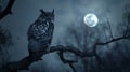 A majestic owl perched on a gnarled branch its piercing gaze fixed on the glittering moon above. .