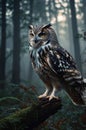 Majestic Owl Perched on Mossy Branch in Misty Forest, Wildlife Nature Photography Royalty Free Stock Photo