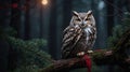 Majestic Owl Perched on a Mossy Branch in Dark Forest, Mysterious Night Scene Royalty Free Stock Photo