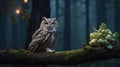 A wise owl perched on a mossy branch in a moody forest with soft lights Royalty Free Stock Photo