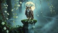 Majestic Owl Perched on Mossy Column Under Full Moon in Enchanting Forest Royalty Free Stock Photo