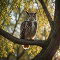 Majestic Owl Perched on Willow Tree at Sunset Royalty Free Stock Photo