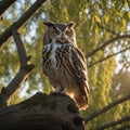 Majestic Owl Perched on Willow Tree at Sunset Royalty Free Stock Photo