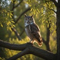Majestic Owl Perched on Willow Tree at Sunset Royalty Free Stock Photo