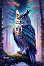 A majestic owl in a serene woods at night, bathed in quiet of a gentle lunar light, mysterious, dreamlike athmosphere Royalty Free Stock Photo