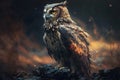 Majestic owl sitting on the ground. The setting sun beautifully illuminates the side of the bird. Nature illustration.