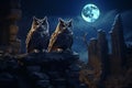 Majestic owls perched on ancient ruins under moonl Royalty Free Stock Photo