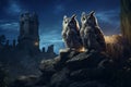 Majestic owls perched on ancient ruins under moonl