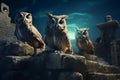 Majestic owls perched on ancient ruins under moonl