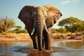 Majestic pachyderm, African elephant, gracefully hydrating at a waterhole.