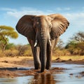 Majestic pachyderm, African elephant, gracefully hydrating at a waterhole.