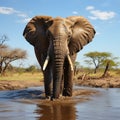 Majestic pachyderm, African elephant, gracefully hydrating at a waterhole.