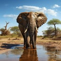 Majestic pachyderm, African elephant, gracefully hydrating at a waterhole.