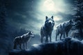 A majestic pack of wolves under a full moon in a vast, snow-covered landscape Royalty Free Stock Photo