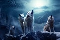 A majestic pack of wolves under a full moon in a vast, snow-covered landscape