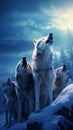 A majestic pack of wolves under a full moon in a vast, snow-covered landscape Royalty Free Stock Photo